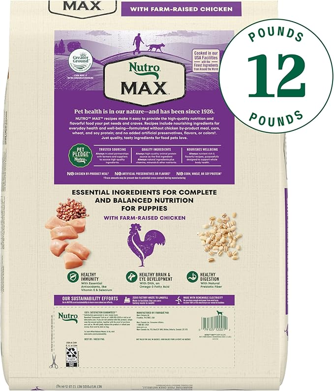Nutro MAX Puppy Recipe Dry Dog Food with Farm-Raised Chicken, Dog Food Dry Puppy Kibble, 12 lb. Bag