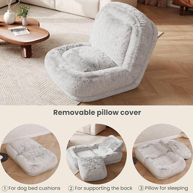 71" Human Dog Bed for Adults & Pets, Foldable Lazy Bed with 4 Adjustable Positions, Convertible Tatami Sofa with Detachable Faux Fur Cover & 2 Pillows for Bedroom & Living Room