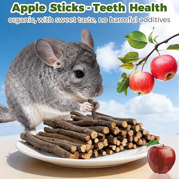 Rotating Chinchilla Chew Toys for Teeth and 250g(0.55lb) Organic Apple Sticks, Natural Wooden Chinchilla Cage Accessories Enrichement for Playtime Puzzle, Chinchillas Treats Molar Wood