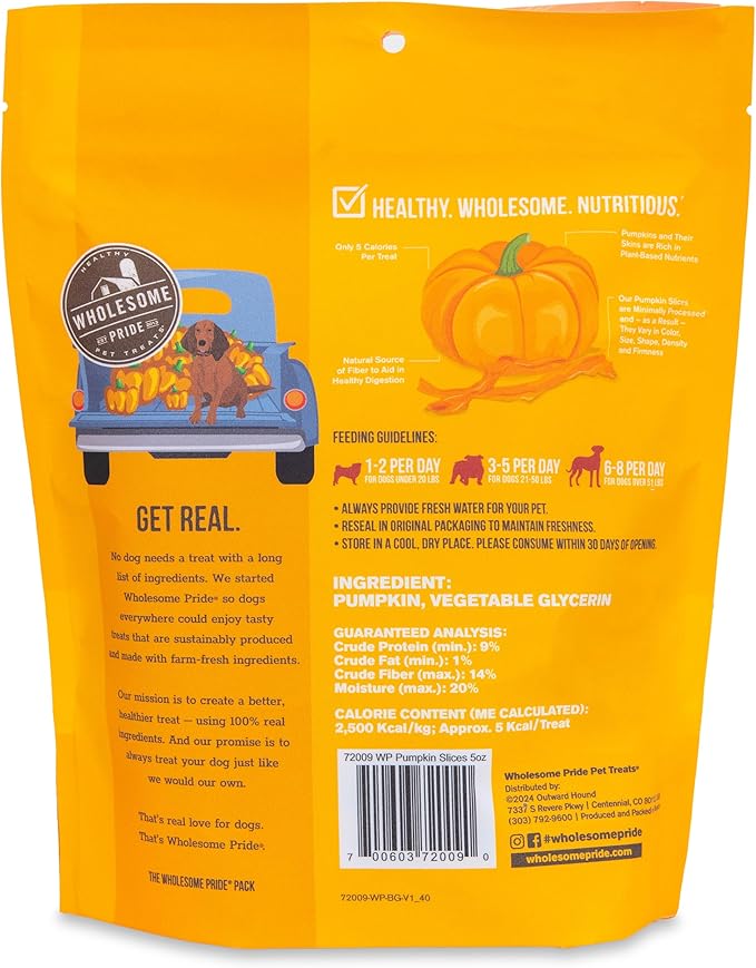 Wholesome Pride Pumpkin Slices Dog Treats – Limited Ingredient, Dehydrated, All Natural, 5 oz