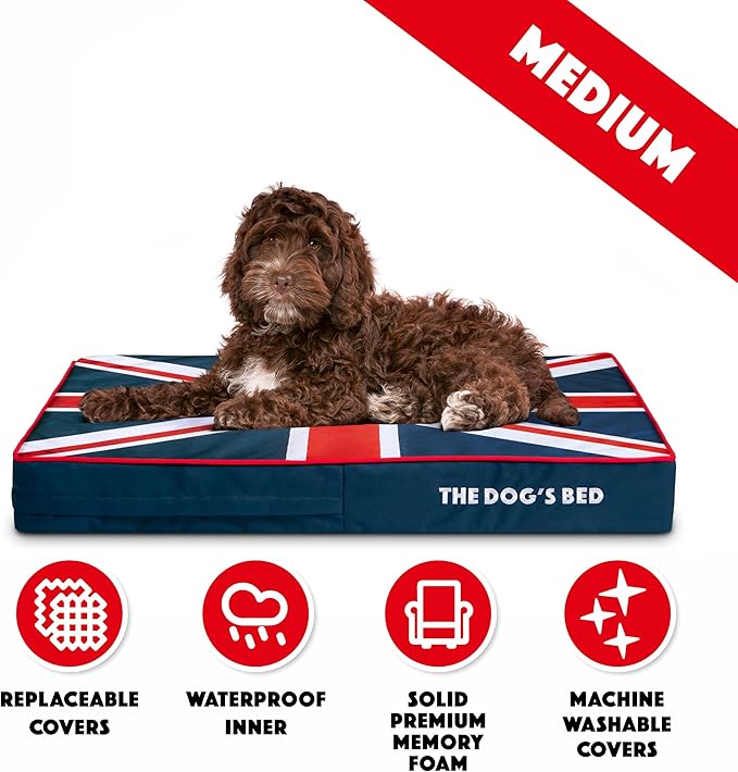 The Dog’s Bed Orthopedic Memory Foam Dog Bed for Medium Dogs, Waterproof Washable Cover, Anti-Slip Base, Calming Surface – CertiPUR-Certified Foam, Blue & Red Trim UK Center Flag, 4 Inch Thick