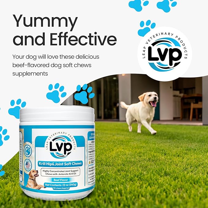 Dogs Suplements Hip & Joint - Krill Oil and Glucosamine Soft Chews, Joint Supplement for Dogs with Krill Oil,Glucosamine, Chondroitin, MSM, Turmeric, Anti Inflammatory, Mobility (Beef 90ct)