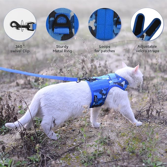 Tactical Kitty Harness and Leash for Walking Escape Proof Breathable Mesh Fabric, Ocean Camo, Small, Adjustable Cat Walking Jackets, Padded Stylish Cat Vest