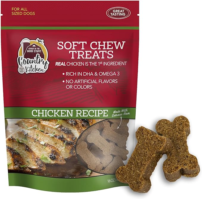 Country Kitchen Chicken Soft Chew Dog Treats, Great Tasting, Made with Real Chicken, Rich in DHA & Omega 3, 16 oz