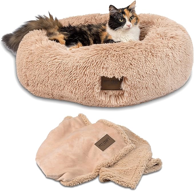 Pet Craft Supply Ultra Plush Calming Anti-Anxiety Pet Bed - Includes Super Soft Comfort Blanket - Great Medium Dog Bed Small Dog and Cat Bed;Cream