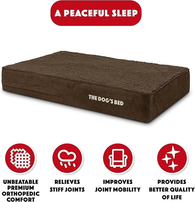 The Dog’s Bed Orthopedic Memory Foam Dog Bed for Large Dogs, Waterproof Washable Cover, Anti-Slip Base, Calming Surface – CertiPUR-Certified Foam, Brown Plush, 6 Inch Thick