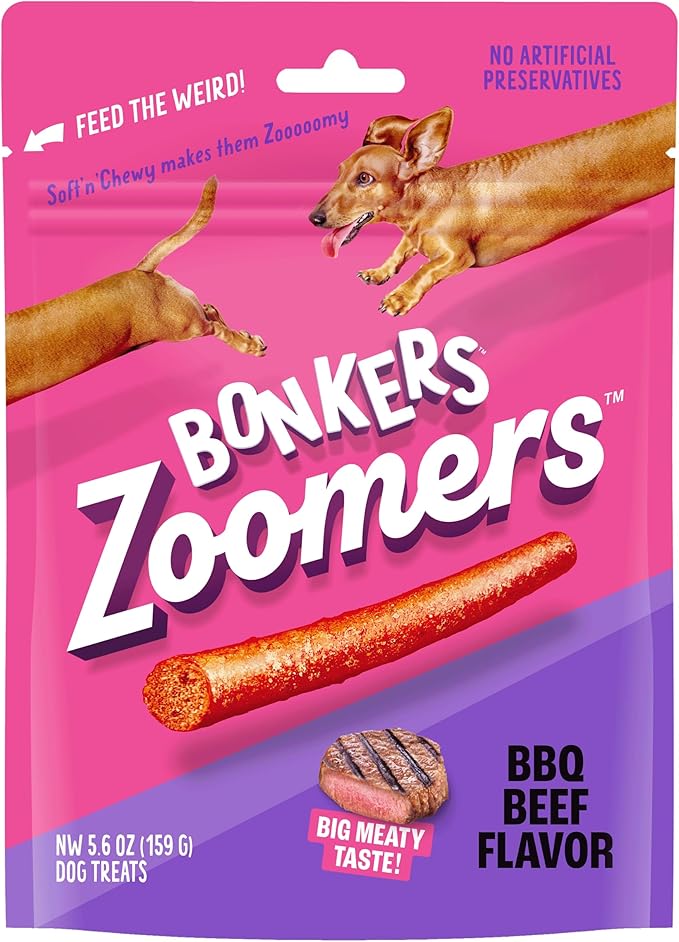 Bonkers Zoomers, Soft & Chewy BBQ Beef Flavored Dog Treats, 5.6 OZ / 159 G (6 Pack), Dog Treats, Treats for Training, for All Breeds and Ages, Food Topper, Resealable Pouch