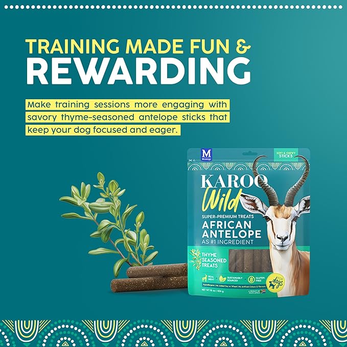 Karoo Wild Sticks Thyme Seasoned Treats for Dogs – 16 oz – Soft & Chewy Protein Sticks Made with African Antelope – Ideal for Training & Rewarding