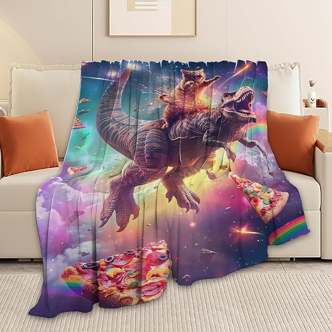 Funny Dinosaur and Cat Blanket Universe Rainbow Pizza Dino Cat Throw Blanket Gifts for Girls Women Kids Adults Super Soft Cozy Plush Fluffy Fuzzy Fleece Blanket Home Decor 50''X60''