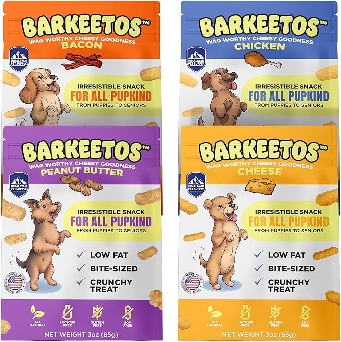 Barkeetos Dog Treats Variety Pack – Peanut Butter, Bacon, Cheese & Chicken – Crunchy Cheesy Snacks with Real Himalayan Cheese – Grain Free, Gluten Free, Lactose Free – for All Breeds - 4 Pack