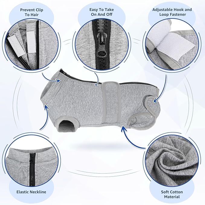 SlowTon Dog Surgery Recovery Suit - Zipper On Dog Onesies After Surgery for Female Male Dogs, Abdominal Wounds Bandages Cone/E-Collar Alternative Dogs Surgical Body Suit (Grey, XXL)
