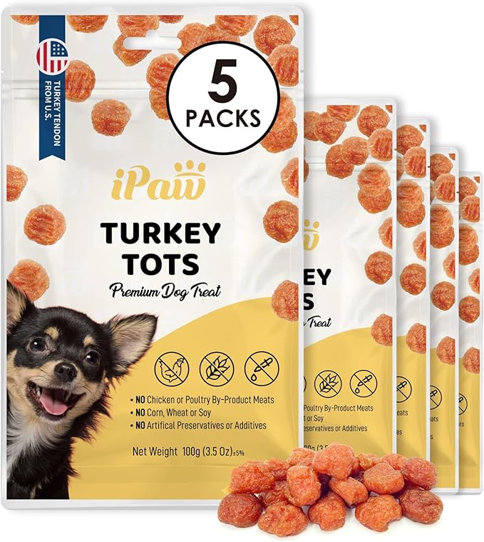 iPaw 5 Stock-Up Combo Turkey Tots Dog Treats for Puppy Training, All Natural Human Grade Dog Treat, Hypoallergenic, Easy to Digest (Turkey Tots), 5 Packs
