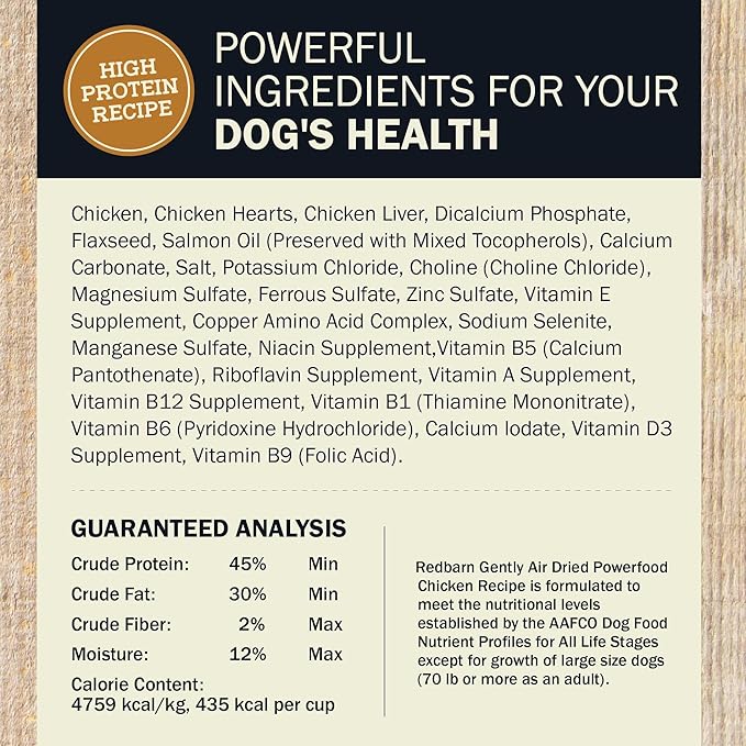 Redbarn Powerfood Air Dried Dog Food - 96% Chicken & Chicken Organs - High Protein Grain-Free Non-GMO Premium Dry Full Feed or Topper Made in USA with Omega 3 Salmon Oil Flaxseed - 5lb