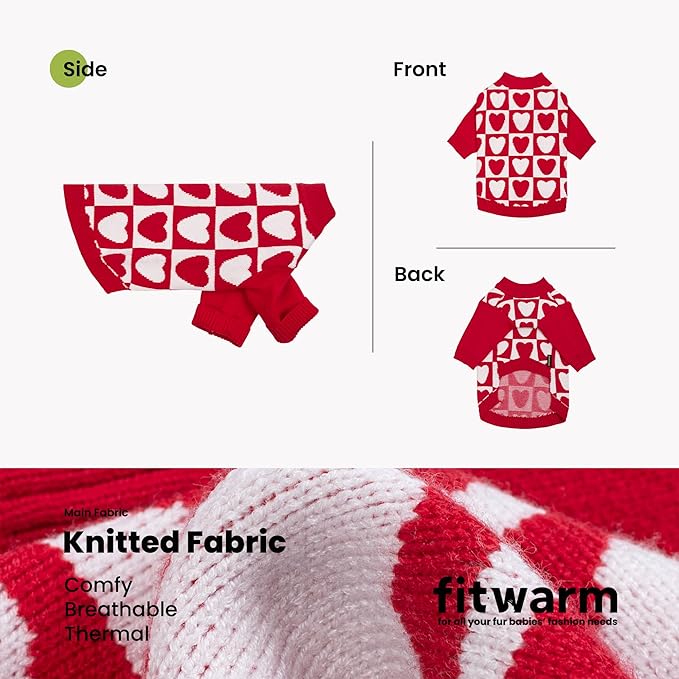 Fitwarm Checkered Heart Dog Sweater, Cozy Valentines Outfit for Small Dogs Girl, Festive Pet Clothes, Red, White, XL