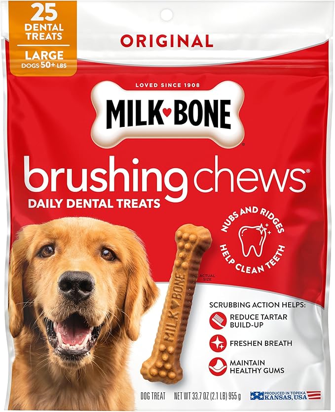 Milk-Bone Brushing Chews Original Chicken Flavor Daily Dental Dog Treats, Large, 33.7 Oz. Bag (Pack of 4)