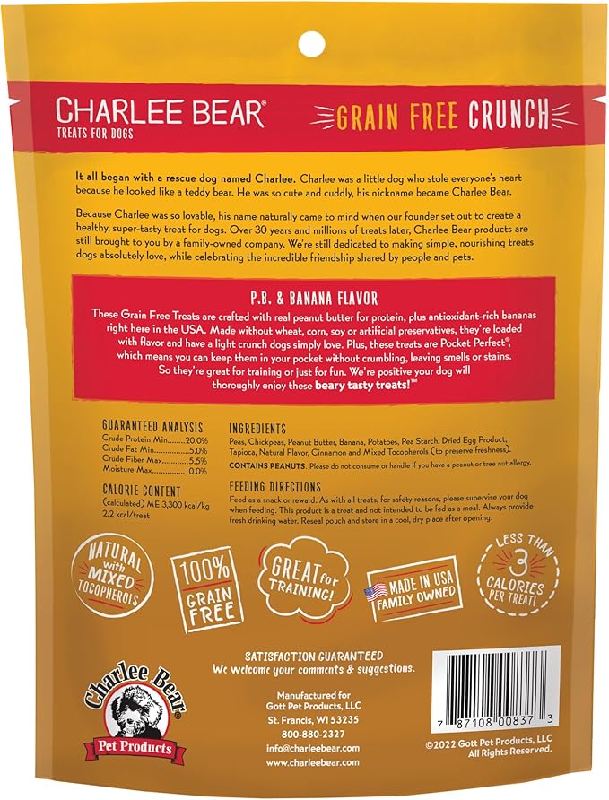 Charlee Bear Crunchy Dog Training Treats, Low Calorie (3 Kcal), Grain Free Natural Mini Dog Treats for Puppies, Small, Medium & Large Dogs, USA Made, Healthy Peanut Butter-Banana Flavor 8oz (4-Pack)
