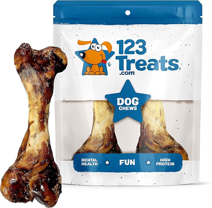 123 Treats Dog Bones for Aggressive Chewers - 100% Natural Pork & Beef Flavored Meaty Dog Chews, Made from Grass Fed Cattle, Grain Free Femur Bone | 2 Count