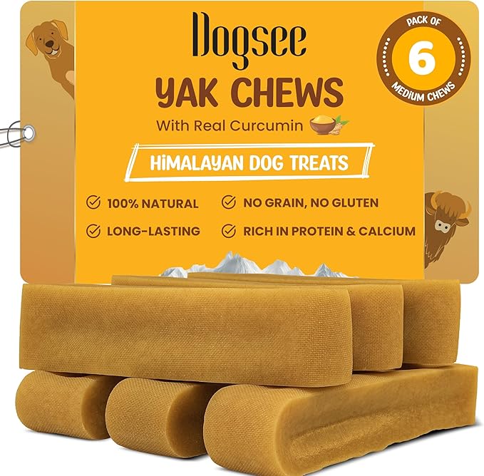Dogsee Himalayan Yak Cheese Dog Chews with Turmeric/Curcumin (Medium - 6Chew) | Long Lasting | Anti-inflammatory | Fights Plaque and Tartar | Odorless Dog Treats