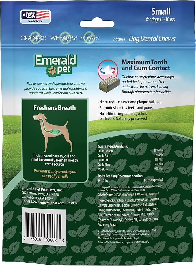 Emerald Pet Fresh Smileezz Grain Free Dog Dental Treats — Minty Fresh Breath and Clean Teeth for Puppies and Small Dog Breeds — Made in USA Small, 12 Oz