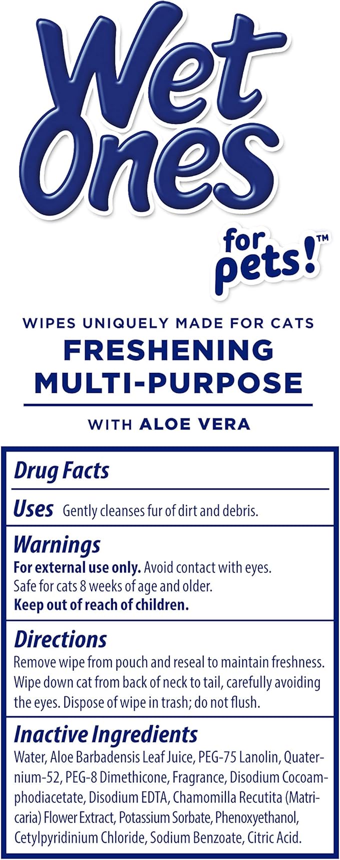 Wet Ones for Pets Freshening Multipurpose Wipes for Cats with Aloe Vera, Fresh Scent - Easy to Use Cat Cleaning Wipes for Pet Grooming, 100 Count