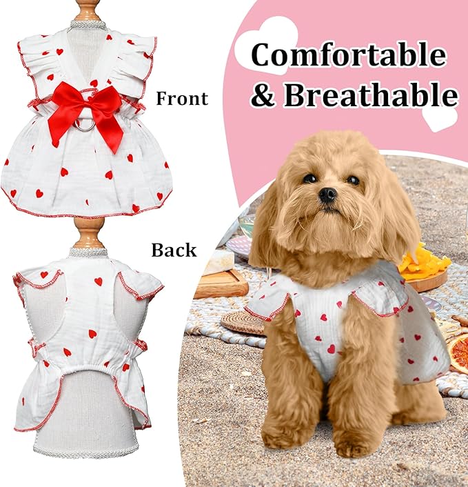 2 Pieces Dog Dress, Pet Clothes for Small Dogs Girl, Cute Heart Print Puppy Sleeveless Dresses with D-Ring, Breathable Pet Outfit Summer Clothes for Small Dogs Puppy Cats Girl Apparel (Heart, X-Large)