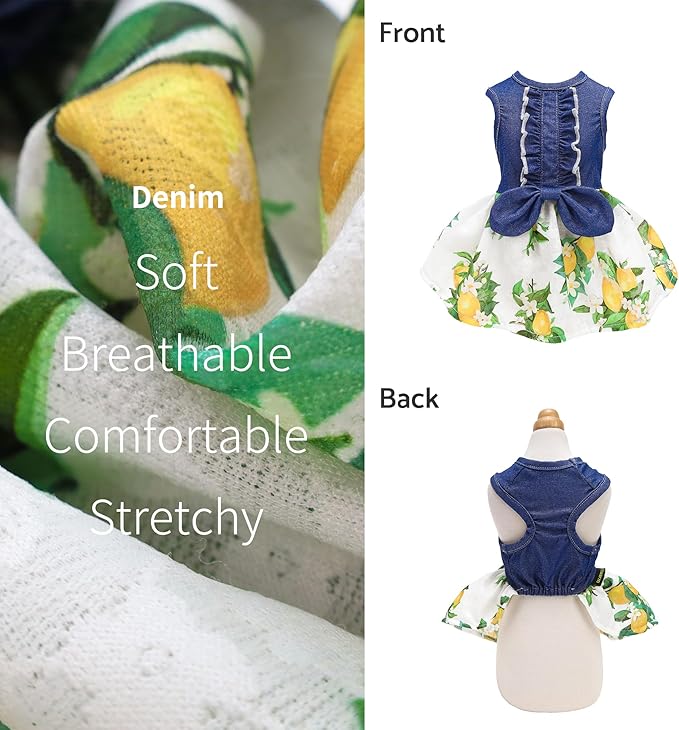 Fitwarm Lemon Denim Dog Dress, Dog Clothes for Small Dogs Girl, Pet Cat Outfit, Blue, White, Yellow, Green, XXS
