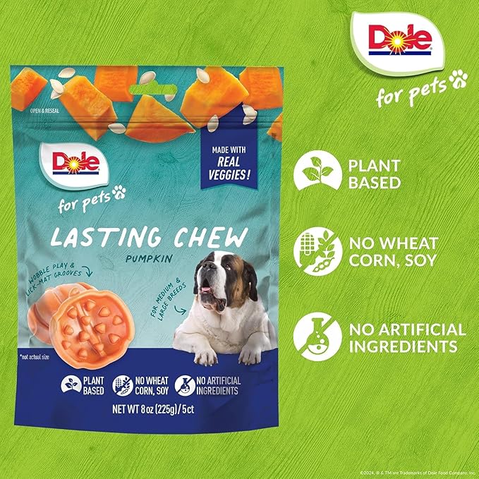 Dole for Pets Freshly Fetched Lasting Chew Pumpkin Flavor Dog Treats, Medium and Large Breeds, No Wheat, Corn, Soy, Artificial Flavors, Colors, or Animal Products, 8 Ounces, 5 Chews - 6 Pack