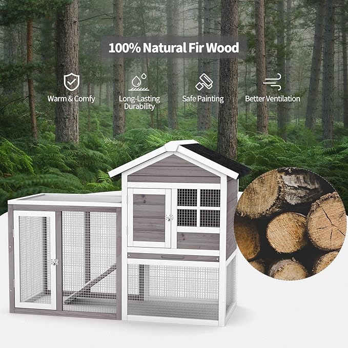 PETSITE Rabbit Hutch, 48.5" Wooden Chicken Coop with Roof & Tray, Bunny Cage Indoor Outdoor, Guinea Pig Pet House for Small Animals, Grey