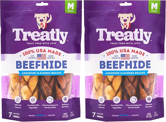 USA Beefhide Braids 7-8" Dog Chew Treats - Chicken & Beef Flavor, 7 Count/2 Pack