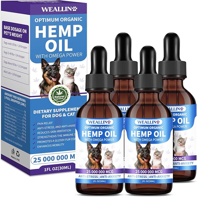 WEALLIN Hemp Oil for Dogs and Cats - Omega-3, 6, 9 Rich Organic Extract - Eases Pet Anxiety, Pain, Skin & Coat Health - Stress Relief, Hip & Joint Support - Calming Treats (4 Pack)