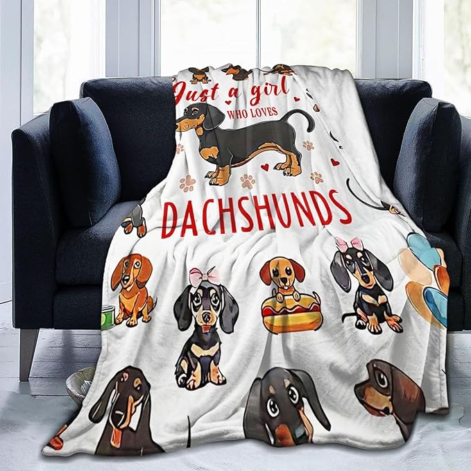 SweetFox Just A Girl Who Loves Dachshunds Blanket, Dachshund Dog Decor Throw Blanket Gifts for Girls Boys Lover Super Warm Soft Plush Fleece Flannel Bedding Blankets for Kids Adults Men Women 80"X60"