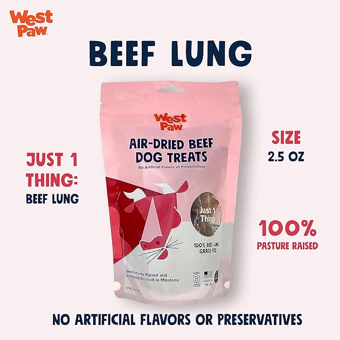 West Paw Air-Dried Single Ingredient Beef Lung Dog Treats – 100% Pasture-Raised, High-Protein, All-Natural Chews – Made in USA – Nutrient-Rich, Easily Breakable, Grain-Free