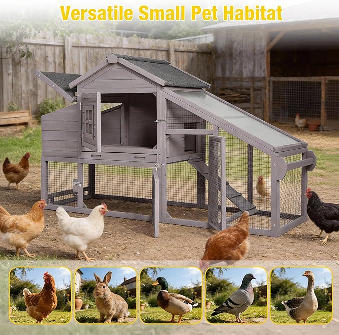 Aivituvin Chicken Coop with Run and Wheels, Mobile Outdoor Hen House Wooden Poultry Cage with Waterproof Roof (Grey, AIR23)