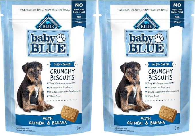 Blue Buffalo Baby Blue Crunchy Biscuits with DHA, Crunchy Dog Treats for Puppies, Made with Natural Ingredients, Oatmeal & Banana, 8-oz. Bag (Pack of 2)