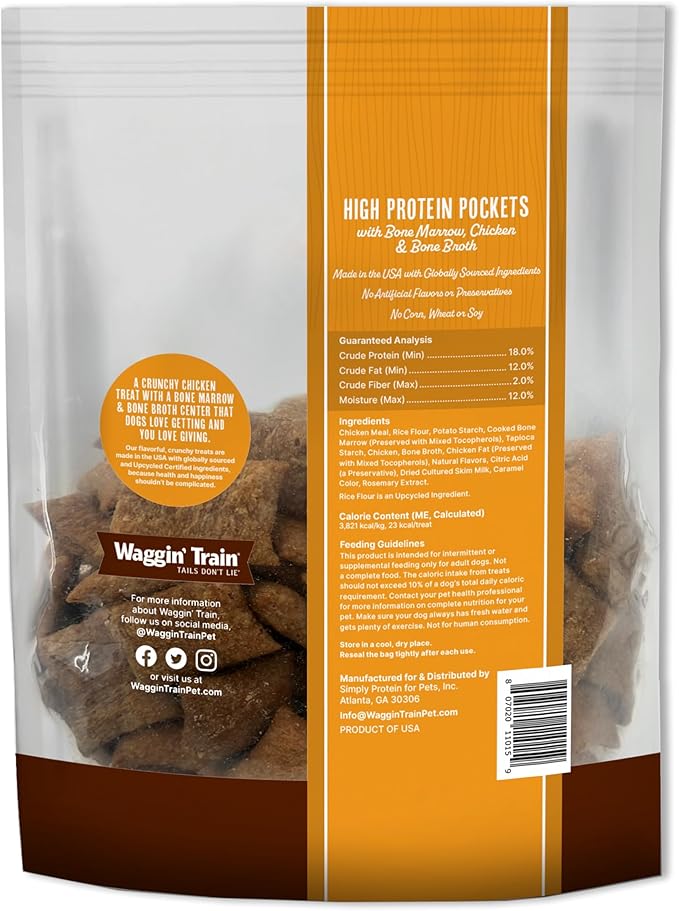 Waggin' Train High Protein Pockets Dog Treats, Crunchy Chicken Outside with Soft & Chewy Bone Marrow & Broth Inside, Great High Protein and Wheat Free Dog Treat, 12 oz. Pouch