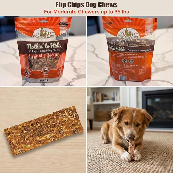 Fieldcrest Farms Nothin to Hide Flip Chips Dog Chews - Natural Rawhide Alternative Treats for Dogs, Collagen Based Snack for Moderate Chewers Up to 35lbs, Granola Flavor