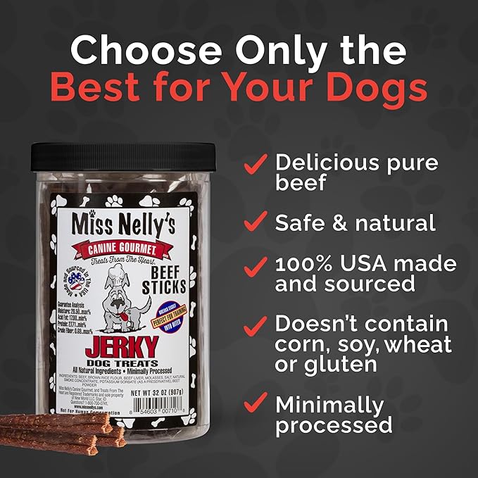 Miss Nelly's- All Natural Beef Jerky Dog Treats Made in USA Only-Original Smoke House Recipe-Minimally Processed Soft Sticks Dog Jerky Treats-32 oz. Bags
