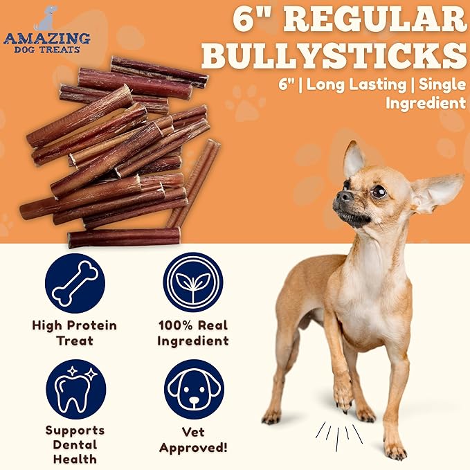 Amazing Dog Treats - 6 Inch Medium Size Bully Sticks (20 Count) - Bulk Bully Sticks for Dogs - No Hide Bully Stick Dog Bones