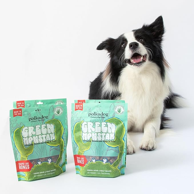 Polkadog Green Monstah Bone Shaped Dog Treats - Kelp & Green Crab, Crunchy, All Natural, Limited Ingredient, Lean Protein & Omega-3 Rich Snacks for Dogs, Great for All Breeds, Made in USA - 7oz