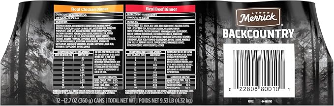 Merrick Backcountry Grain Free Premium Canned Dog Food, Variety Pack, Real Beef and Chicken Dinner Recipes - (Pack of 12) 9.5 lb. Cans