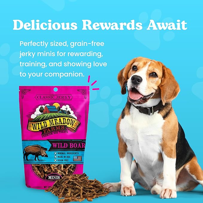 Wild Meadow Farms Classic Wild Boar Dog Minis - Soft Jerky Training Treats for Dogs, Grain-Free, All-Natural & Perfectly Sized for Training, High-Value Rewards in a Convenient 3.5 Ounce Pouch