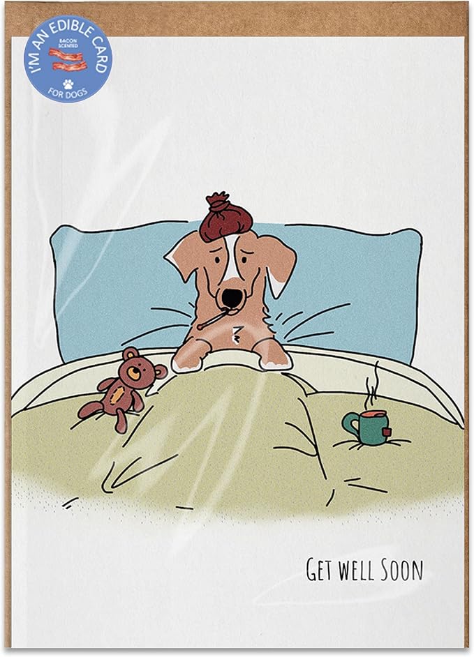 Poochie Post Edible Greeting Card for Dogs, Bacon-Flavored Dog Treat Gift with Edible Ink Pen, "Get Well Soon" Design, Gluten & Grain Free, Made in USA