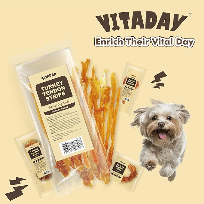 VITADAY Turkey Tendons for Dogs, All Natural, Healthy Dog Treats, Long Lasting, Hypoallergenic Dog Chews, Rawhide Free, USA-Sourced, for Small Dogs, Strips, 3 oz Pack