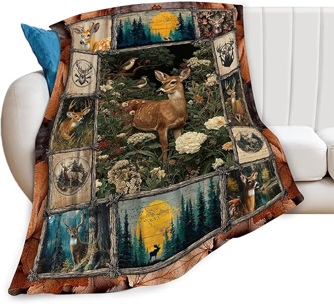 Deer Throw Blanket Hunting Deer Elk Stuff Gifts for Kids Girls Boys Adults Women Men Soft Cozy Warm Plush Fluffy Fuzzy Fleece Blanket Decor 50''X60''