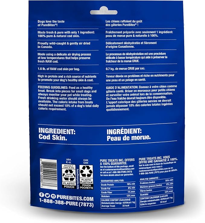 PureBites Cod Jerky Dog Treats, 1 Ingredient, Made in Canada, 4.8oz