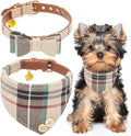 EXPAWLORER Dog Collar and Bandana Set - Classic Plaid Dog Bow Tie and Bandana Collar with PU Leather, Adjustable Collars for Small Medium Large Dogs Cats, Holiday Ideal Gift, Beige S