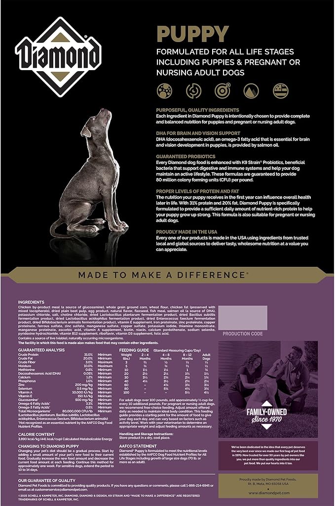 Diamond Puppy Dry Dog Food 31/20 for All Life Stages Including Puppies and Pregnant and Nursing Adult Dogs 40lb Bag