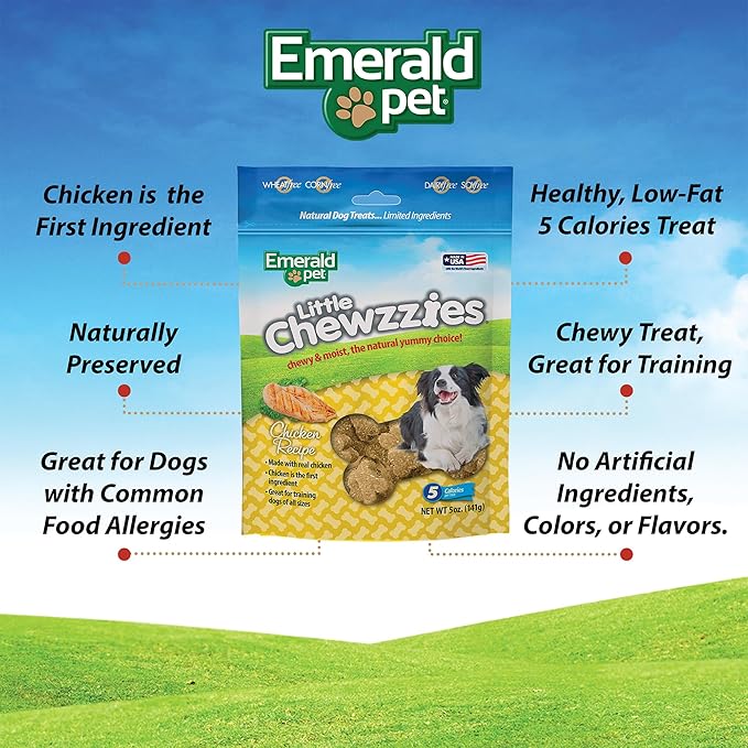 Emerald Pet Little Chewzzies Wheat Free Training Dog Treats — Healthy and Tasty Natural Dog Chews with Real Meat or Peanut Butter — Limited Ingredient Dog Treats Made in The USA — Chicken, 5 oz