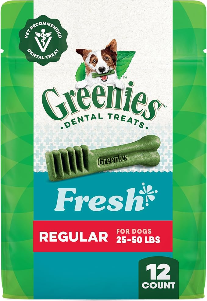 Greenies Veterinarian-Recommended Natural Dental Dog Treats, Dental Chews for Dogs, Regular Size, Fresh Flavor, 12 oz. Pack, 12 Count