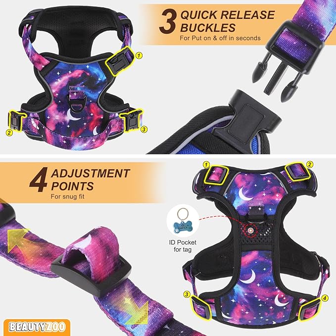 BEAUTYZOO No Pull Dog Harness and Leash Set for Large Dogs, Adjustable Dog Vest Harnesses with 2 Metal Leash Clips, Reflective Oxford No Choke Escape Proof Step in Pet Vest with Handle, Purple L